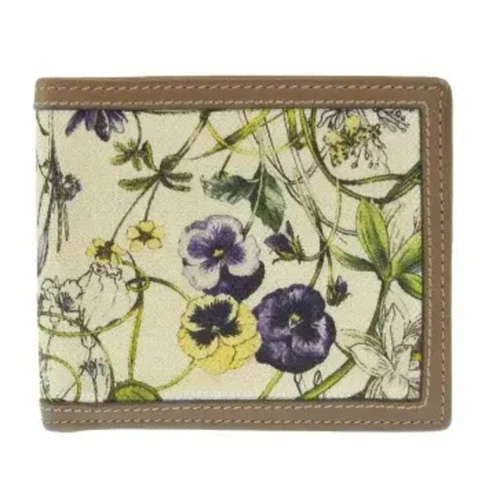 Gucci Flora Flower Motif Bifold Wallet Canvas Leather Yellow Brown